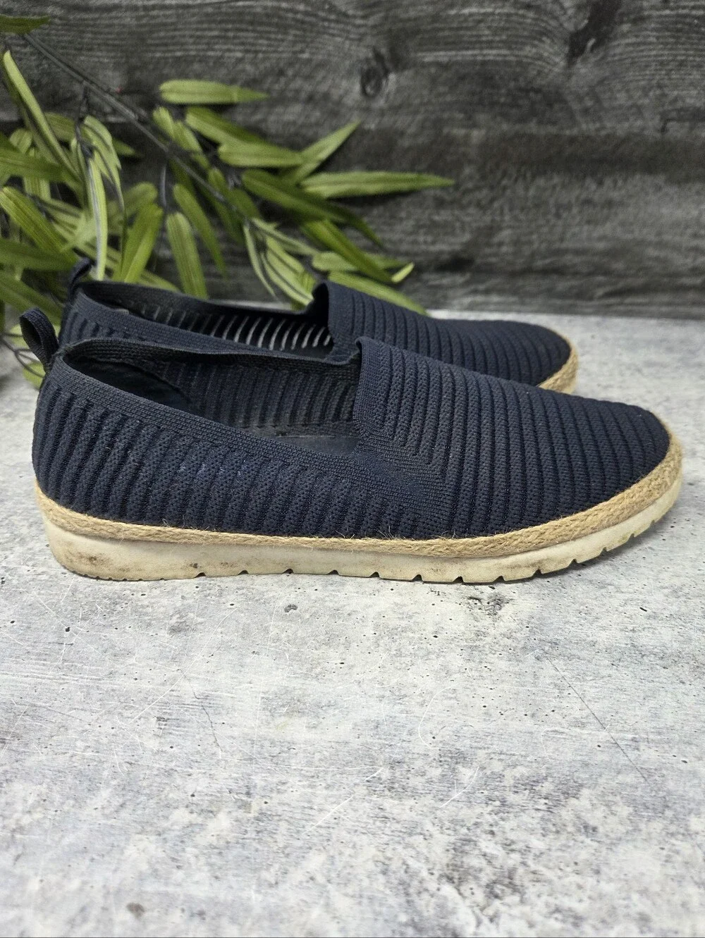 Bobs Skechers Navy Blue Flexpadrille Slip-On Shoes Jute Wrapped Midsole Size 9